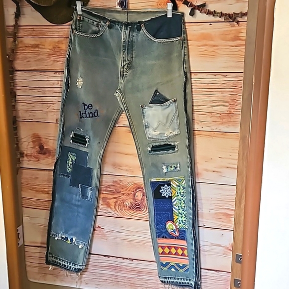 HANDMADE ☆ UPCYCLED "VINTAGE LEVI" EMBELLISHED KINDNESS JEANS! Sz 34w-34inseam - Picture 2 of 13